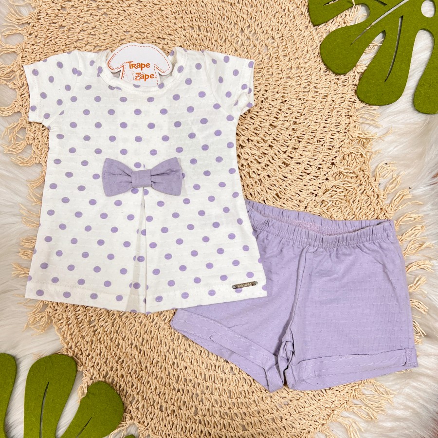 Conj. Blusa Bolinhas com Laço e Short - Lilás e Branco